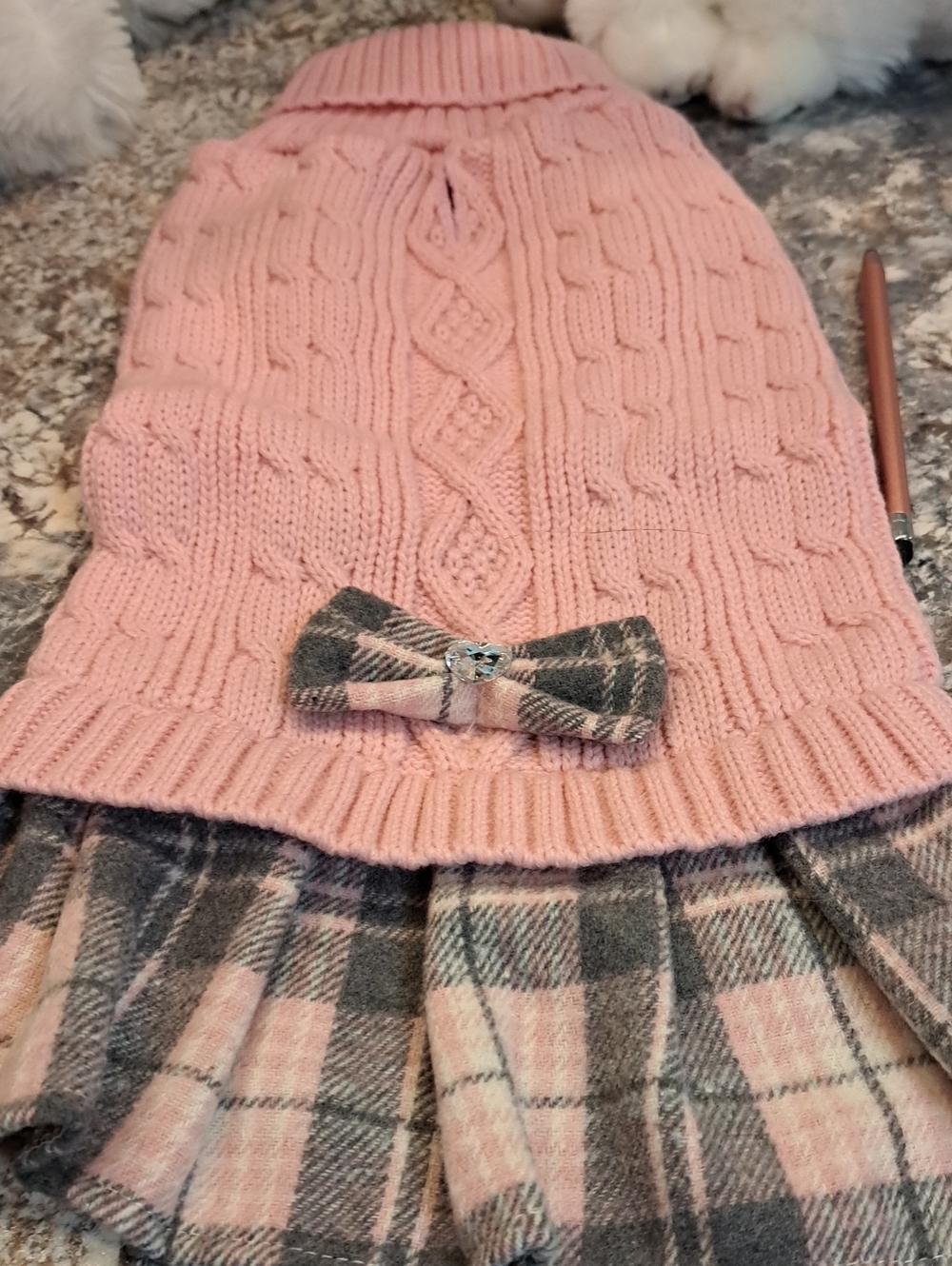 NWT DOG  Pink Cable-Knit Sweater and Plaid Skirt Set - Pink and Grey